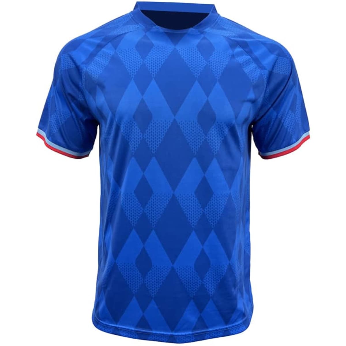 A blue sports jersey featuring a diamond pattern and trim in red and white. It has a logo on the front.