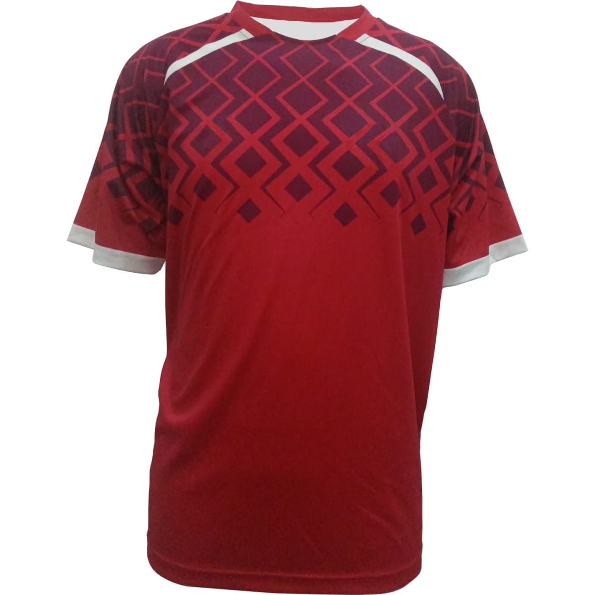A red sports jersey featuring a geometric pattern in darker shades of red, with white accents and a logo.