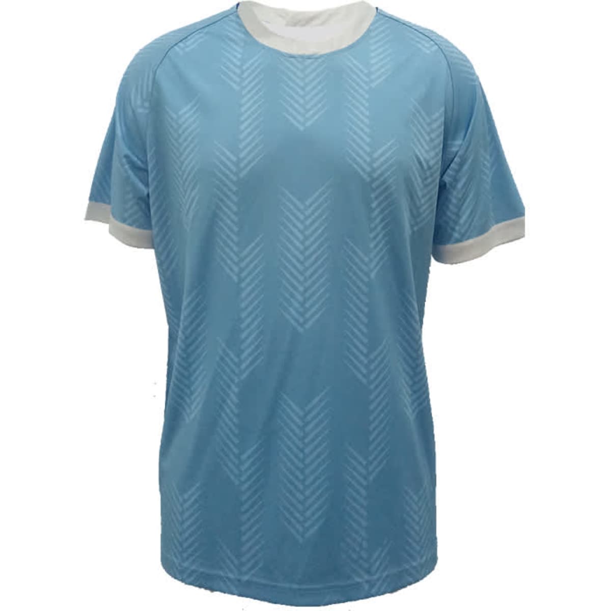 Light blue sports jersey featuring a textured design, with white accents on the sleeves and neckline. Includes a logo.