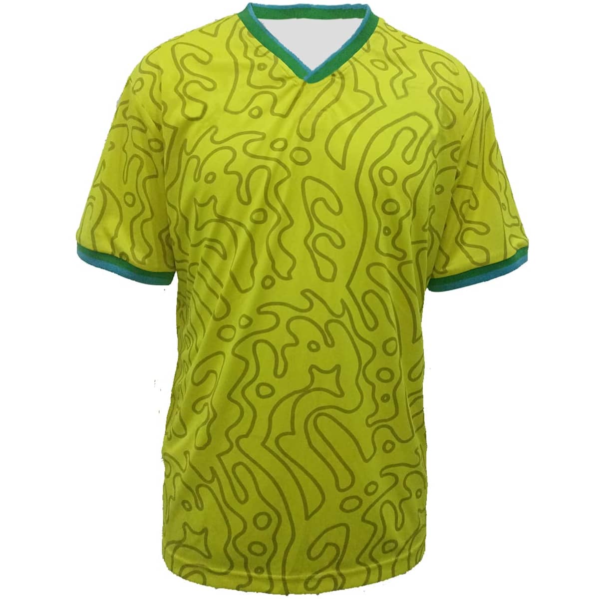 A vibrant yellow sports jersey featuring a wavy pattern and green trim, with a logo present on the design.