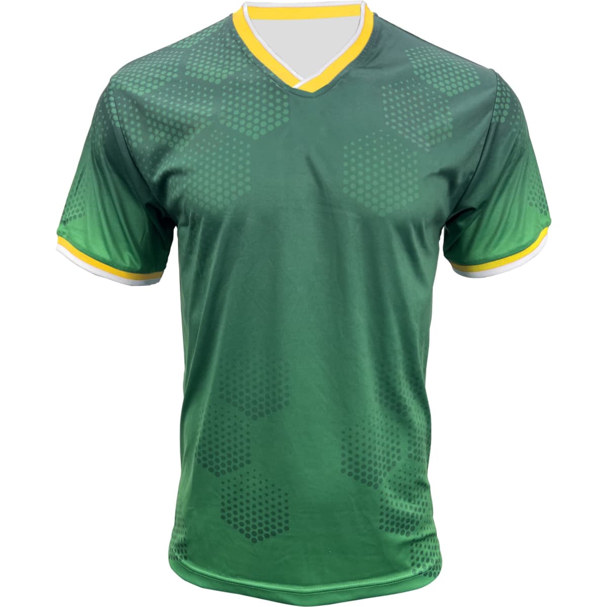 A green sports jersey with a V-neck and yellow trim, featuring a subtle hexagonal pattern and a logo.