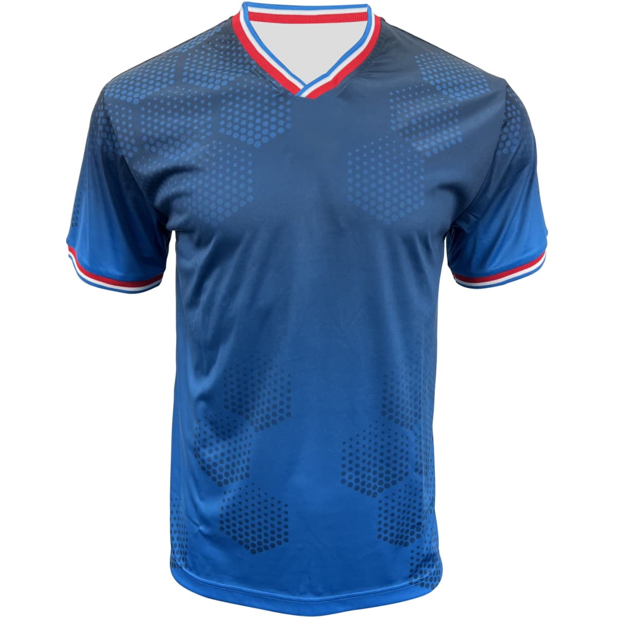 A blue sports jersey featuring a hexagonal pattern and contrasting red trim around the collar and sleeves.