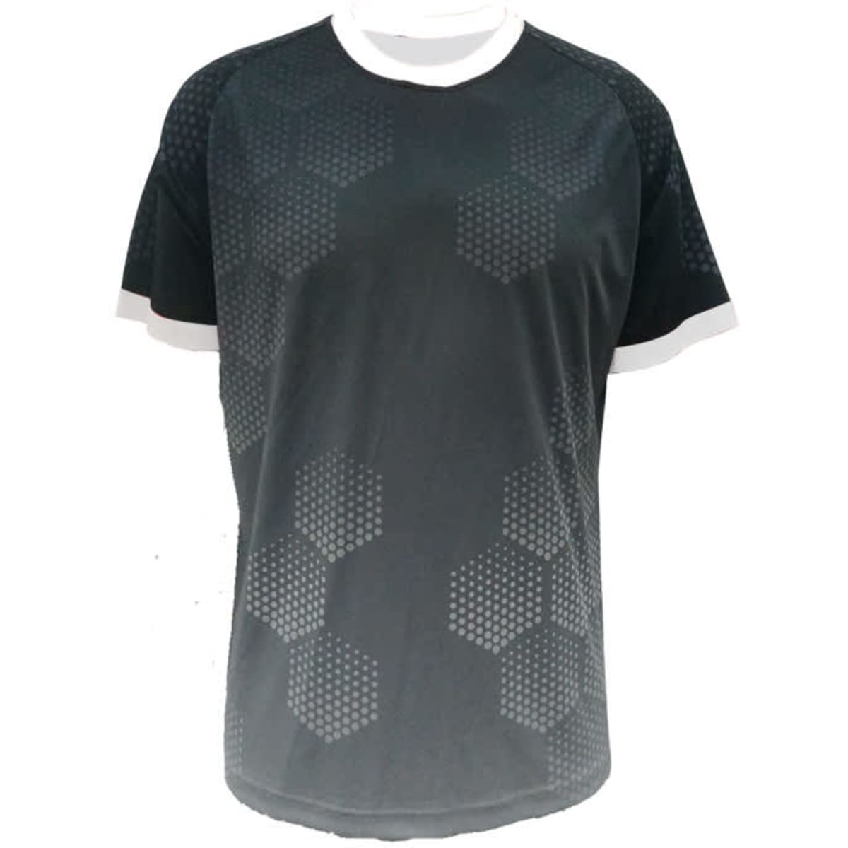 A black sports jersey featuring a hexagonal pattern and contrasting white trim on the collar and sleeves.