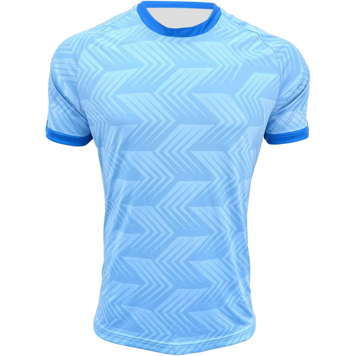 A short-sleeved sports jersey in light blue with a patterned design and blue accents. It features a logo.