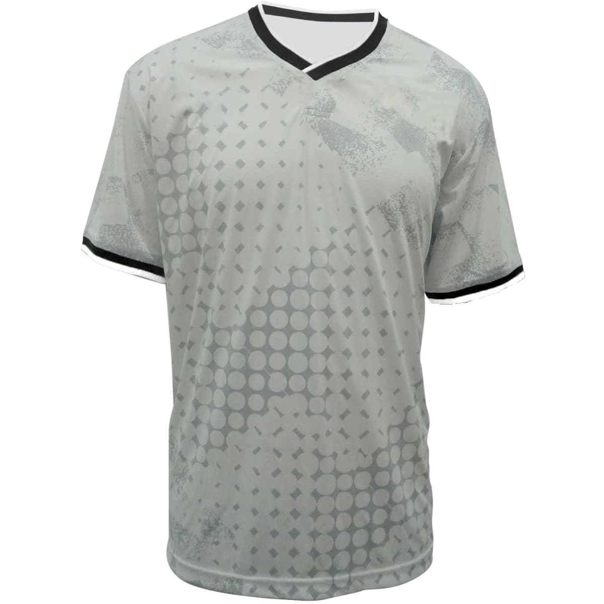 A light grey sports jersey featuring a patterned design and a black V-neck collar, with a logo on the chest.