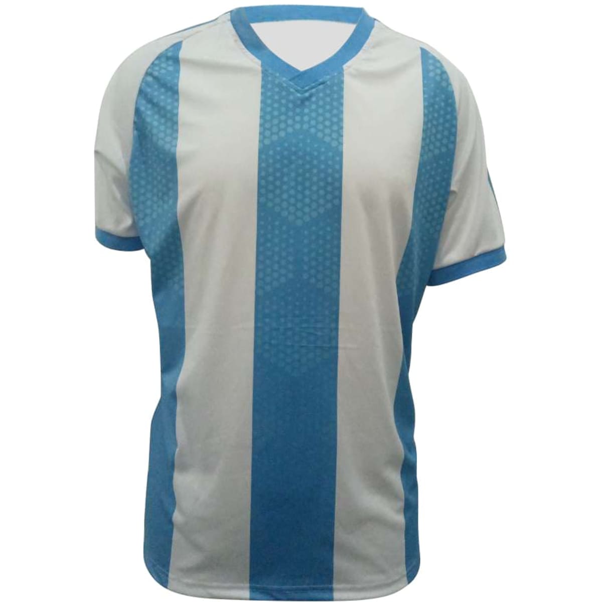 A sports jersey featuring blue and white vertical stripes, with a v-neck design and a logo on one sleeve.
