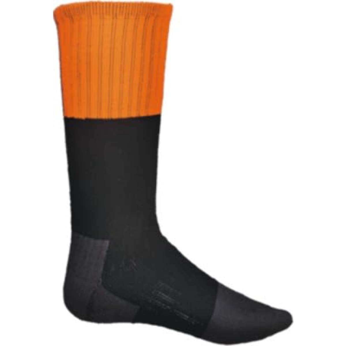 Unisex adults hi-vis socks featuring a black body and bright orange ribbed top, with a logo present on the design.
