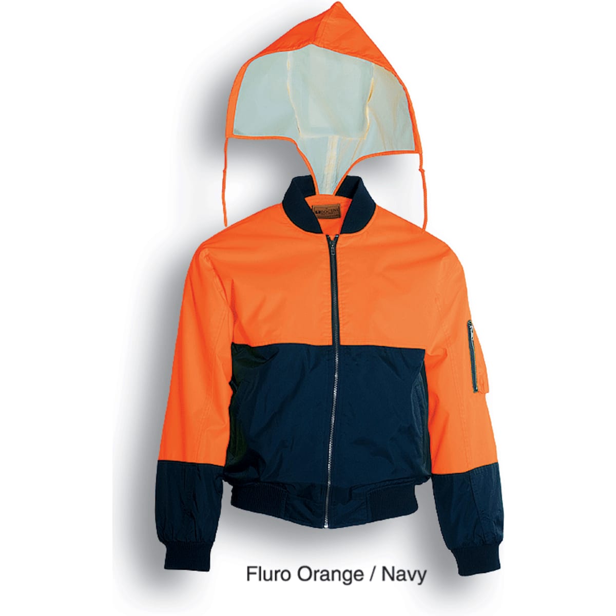 A hi-vis flying jacket in fluro orange and navy, featuring a lined interior and an attached hood.