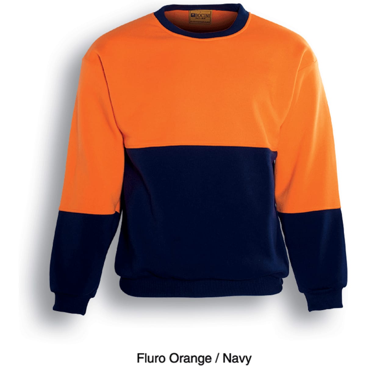 A high-visibility jumper in fluro orange and navy with long sleeves and a crew neckline. It has a logo.
