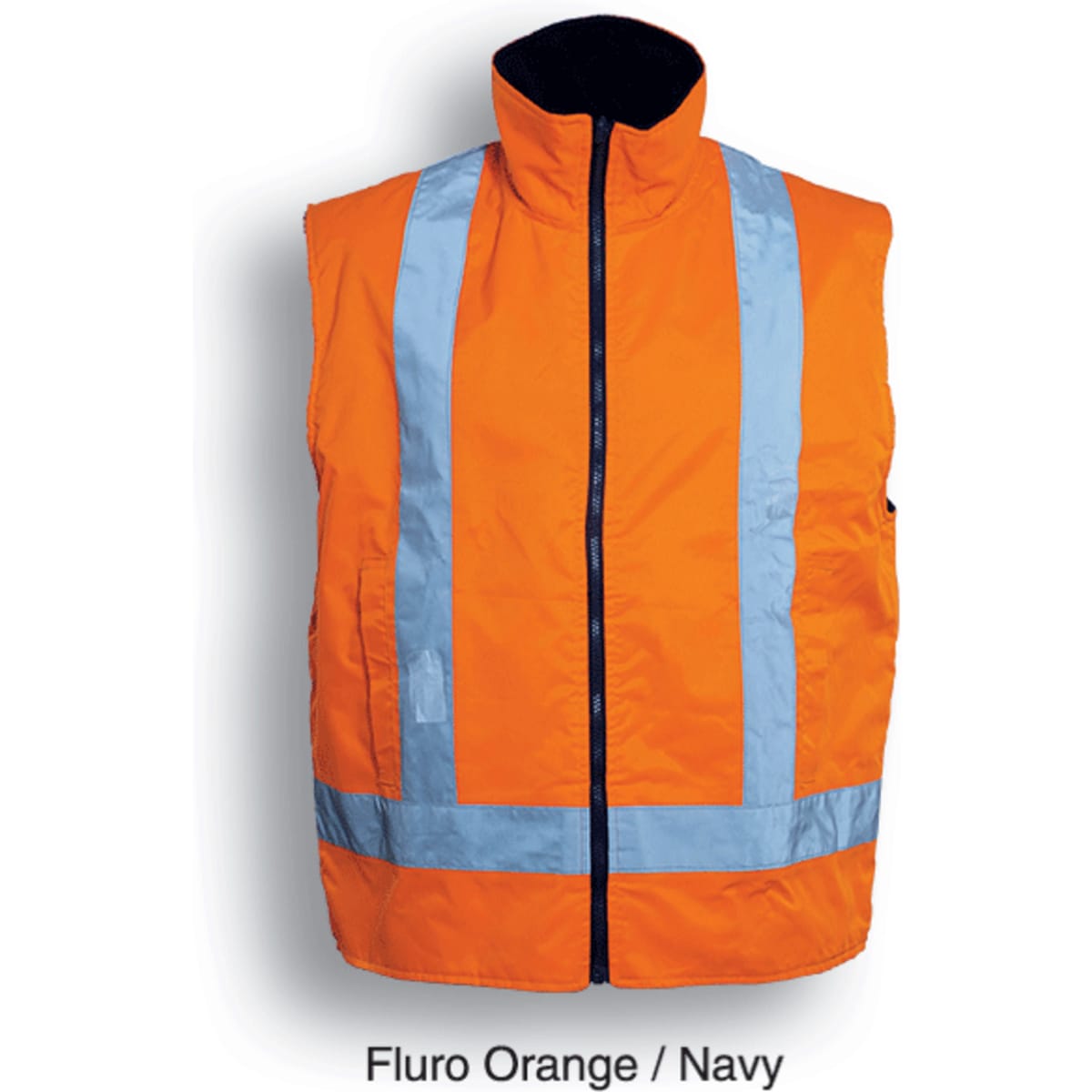 A fluro orange and navy reversible vest with reflective tape. The vest has a high collar and zipper front.