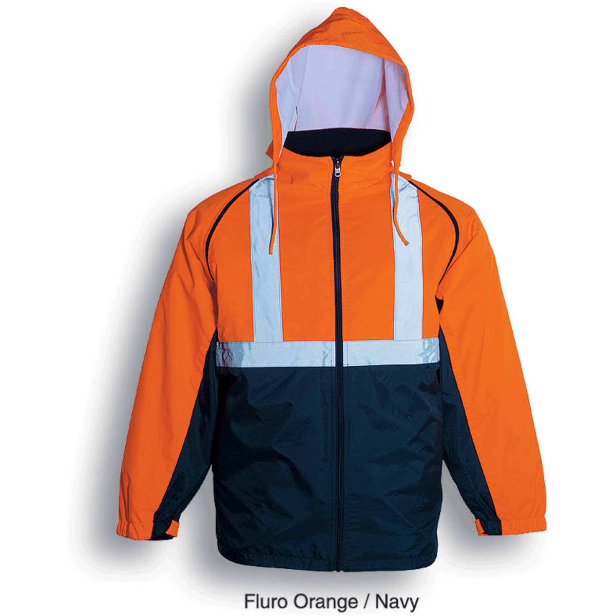 A hi-vis 3-in-1 jacket in fluro orange and navy, featuring reflective tape and a hood. It has a logo on it.
