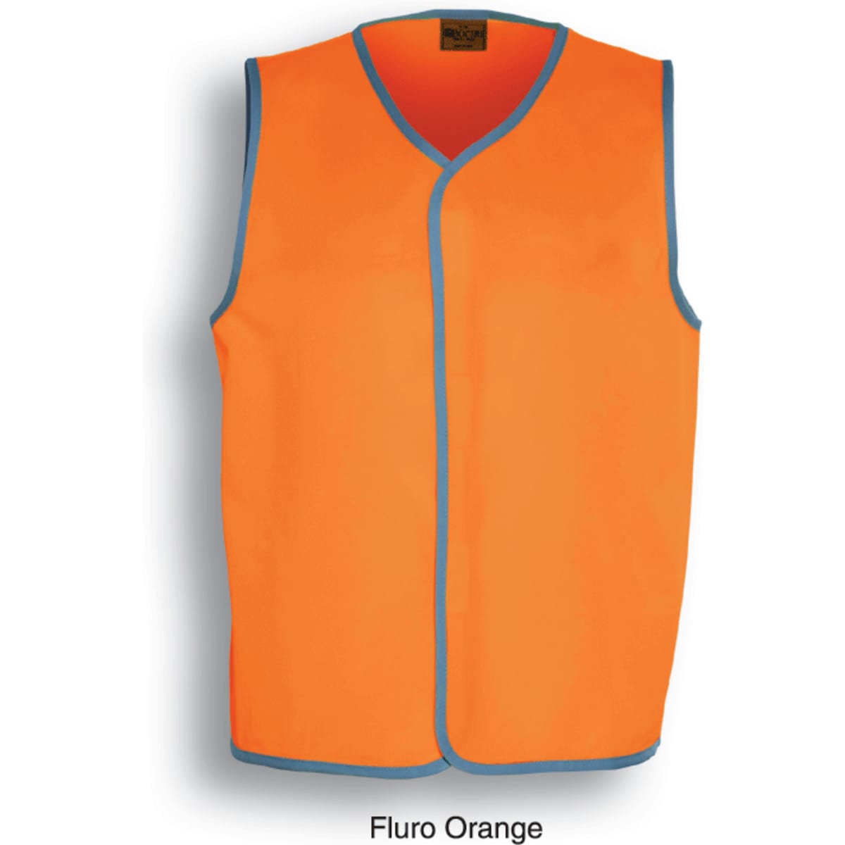 A high-visibility safety vest in fluro orange with blue trim, featuring a logo.