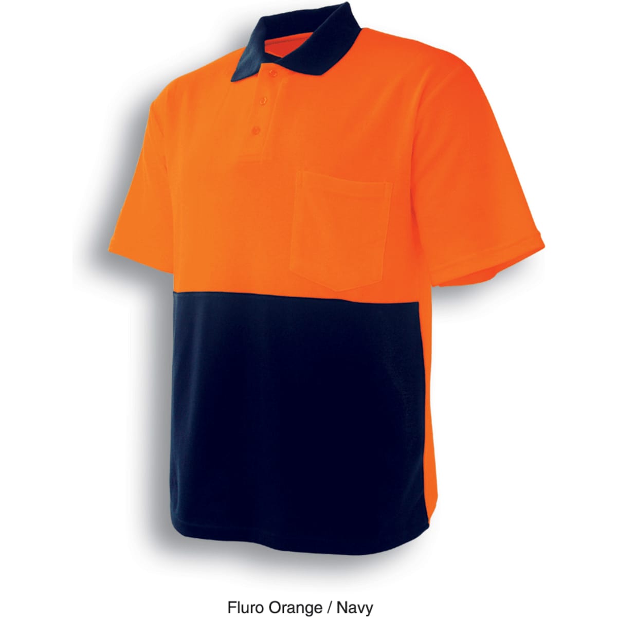 A short-sleeved polo shirt in fluro orange and navy, featuring a pocket and a logo.
