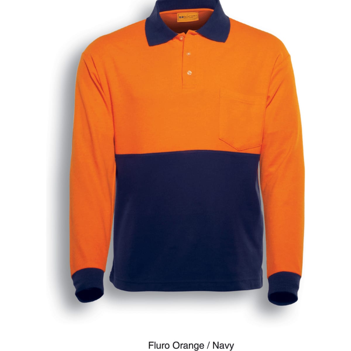 A fluro orange and navy long-sleeve polo shirt with a pocket and a logo on the chest.