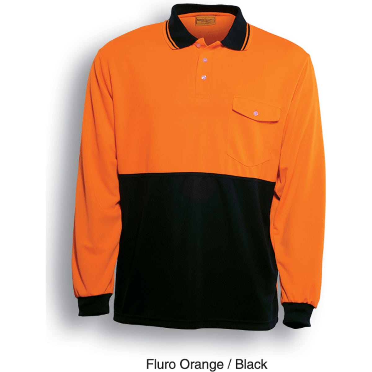 A long sleeve polo shirt in fluro orange and black, featuring a pocket and a logo.