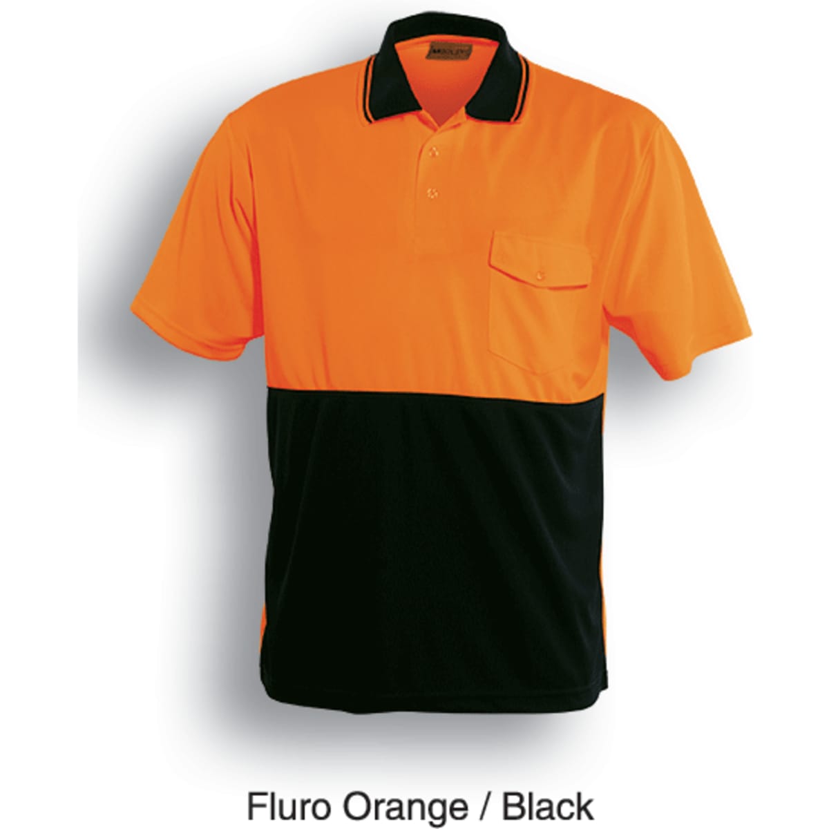 A Hi-Vis safety polo shirt in fluro orange and black, featuring short sleeves and a pocket. Includes a logo.