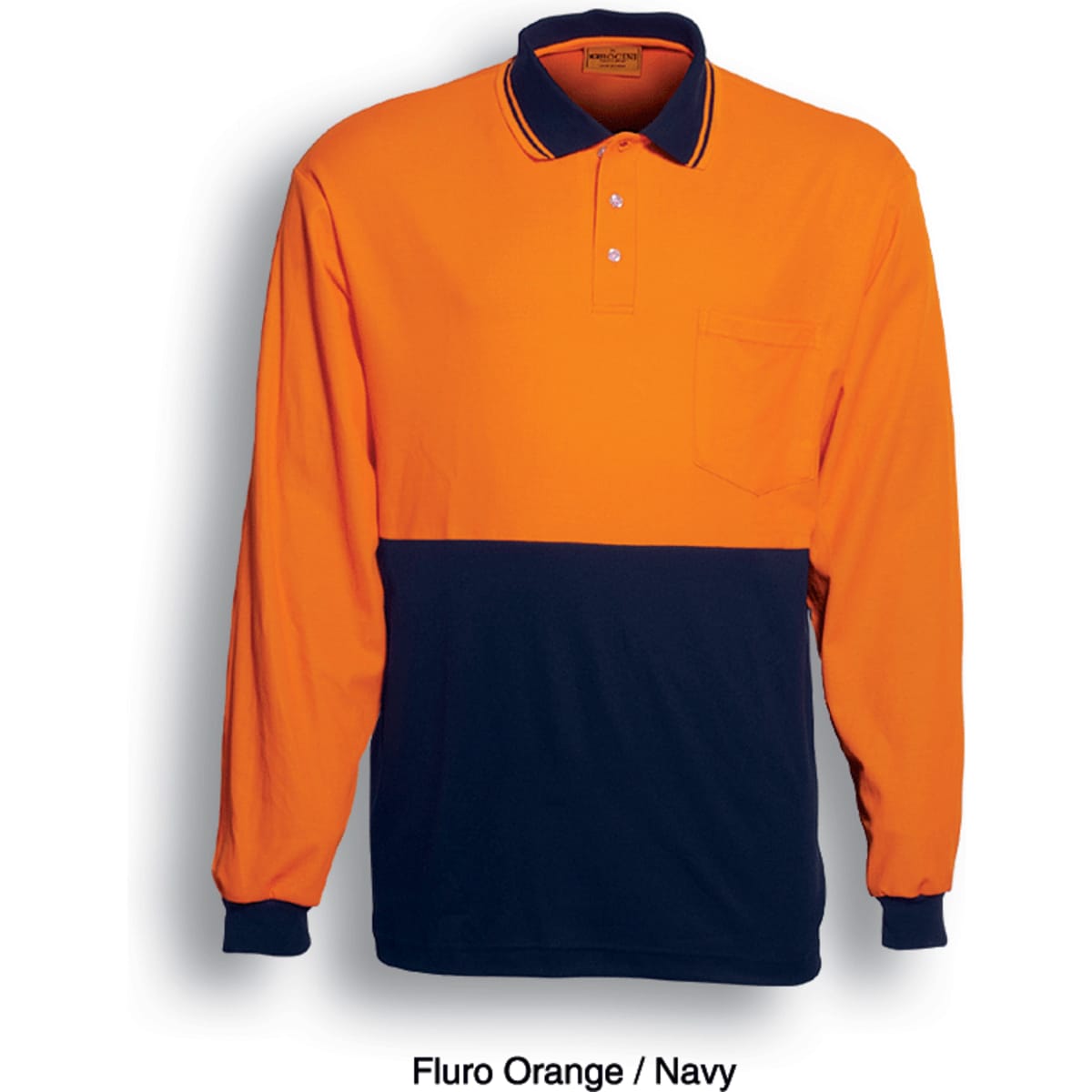 A long-sleeved polo shirt in fluro orange and navy with a pocket and a logo on the chest.