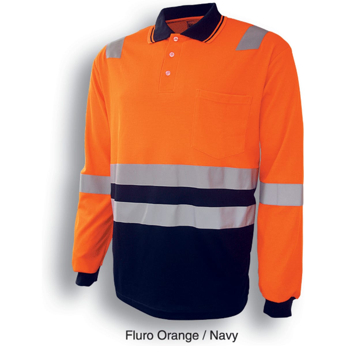 Hi-Vis polo shirt in fluro orange with navy accents and reflective tape for enhanced visibility. Features a pocket and a logo.