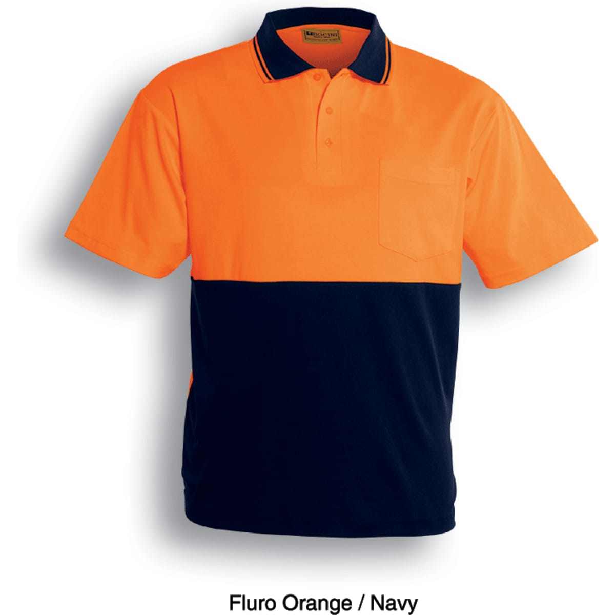 A fluro orange and navy polo shirt with a pocket and a logo. Suitable for workwear use.