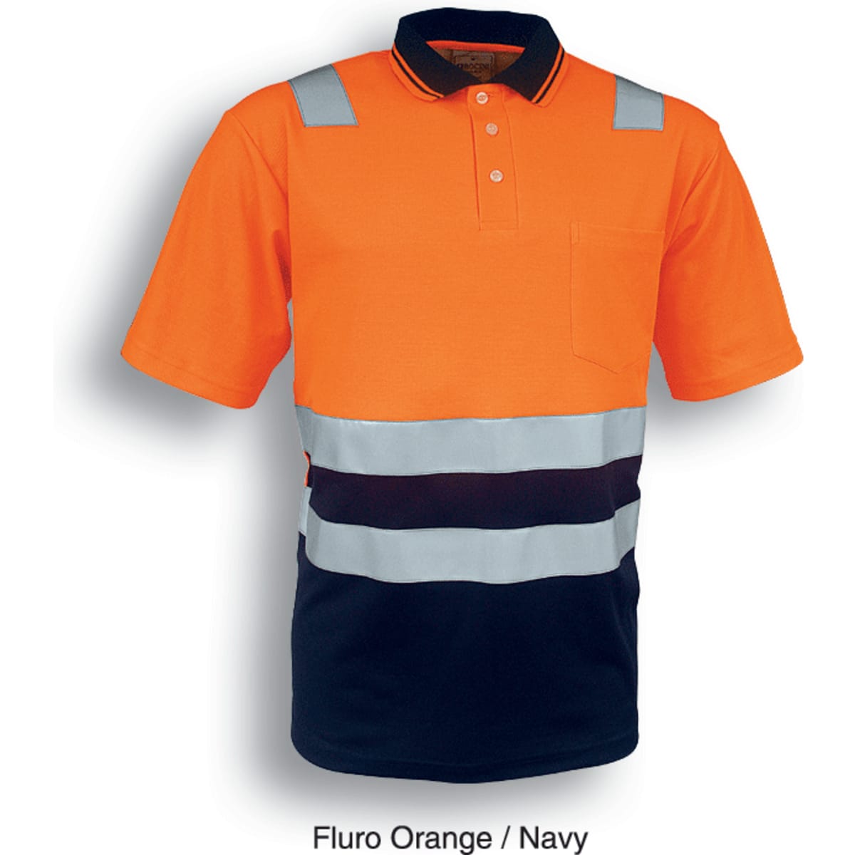 A fluro orange and navy unisex polo shirt with reflective tape and a pocket, featuring a branded logo.