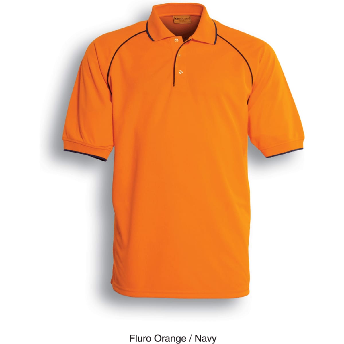 A bright fluro orange polo shirt with navy trim and a logo on the chest. Casual design suitable for workwear.