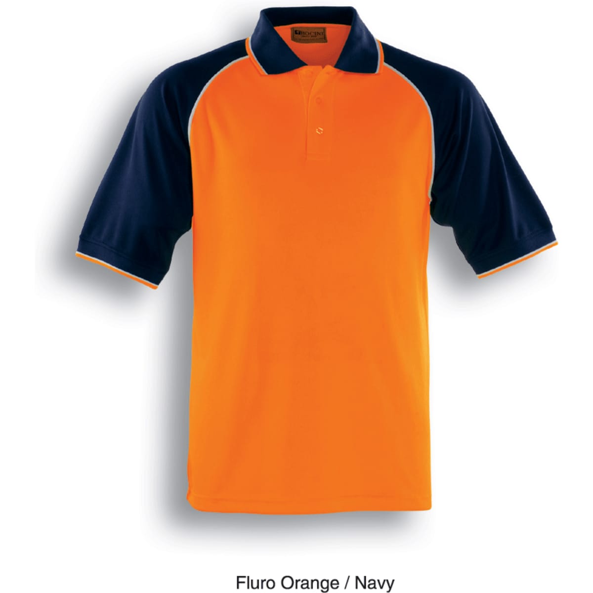 A Fluro Orange and Navy unisex adults hi-vis raglan sleeve polo shirt with a logo.