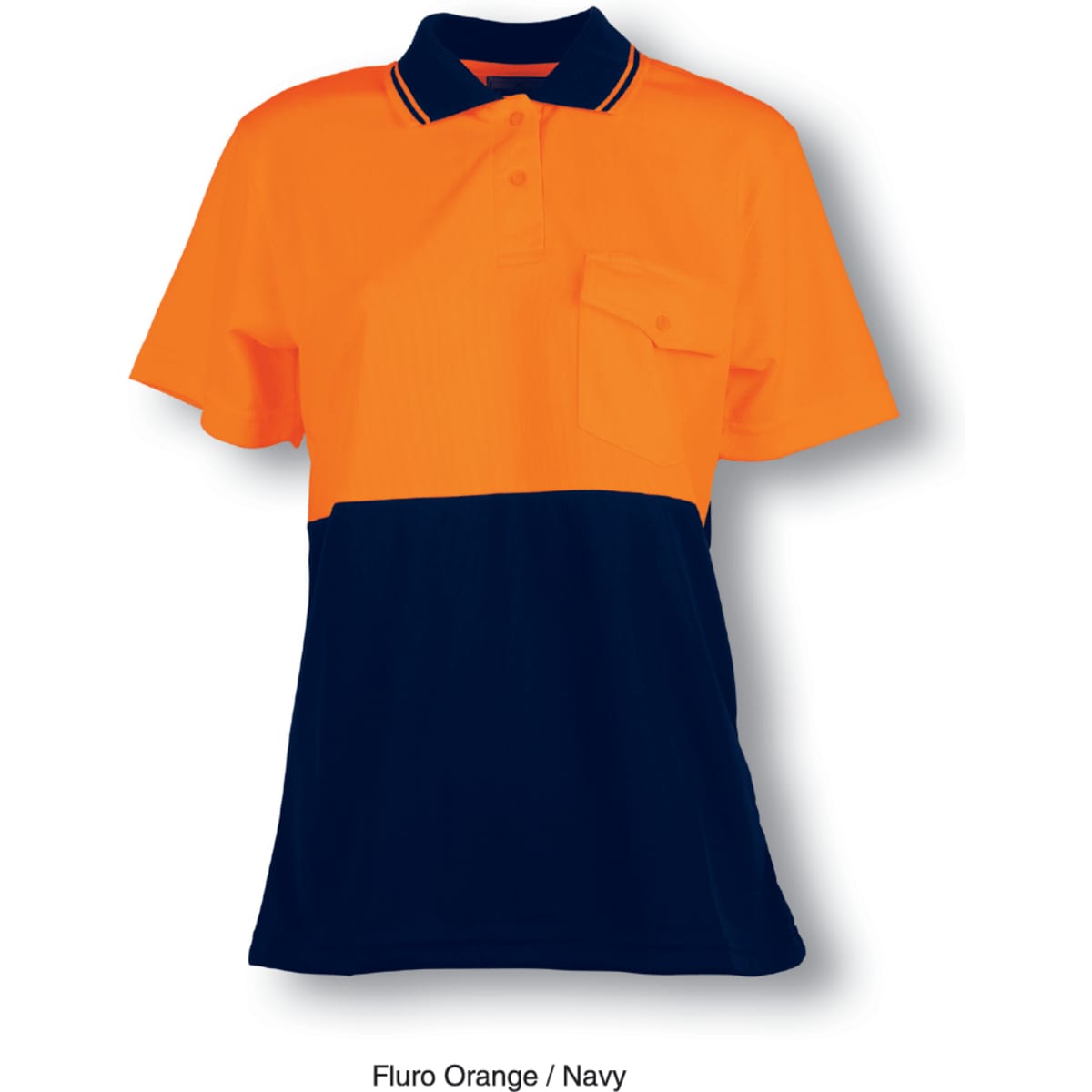 A fluro orange and navy short-sleeved safety polo shirt with a pocket and a logo.