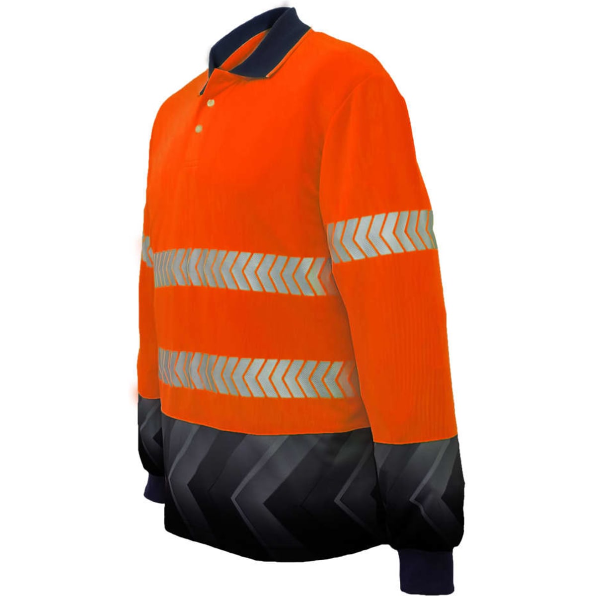 A bright orange long-sleeve polo shirt featuring reflective stripes and a dark navy contrast at the bottom, with a logo.