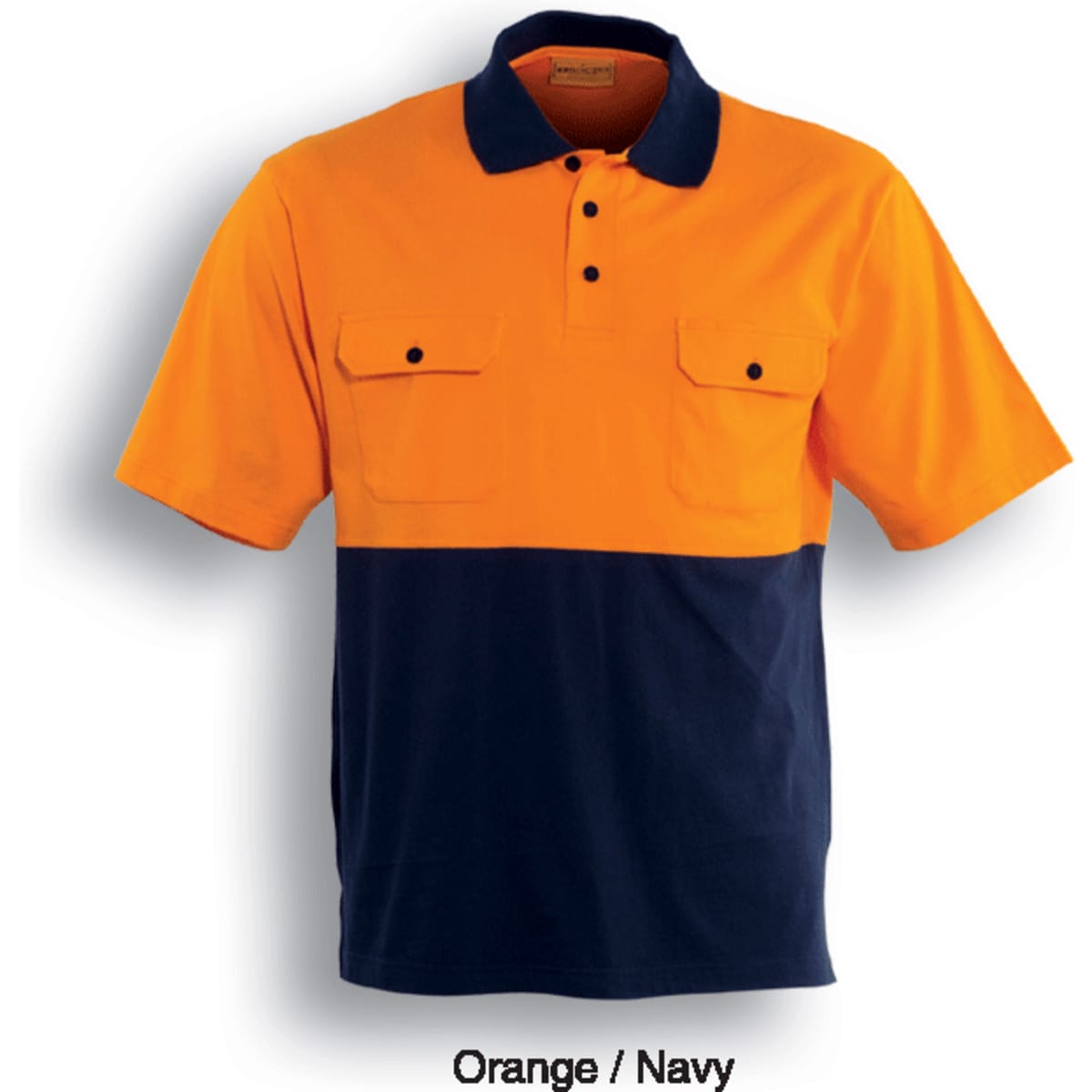 Unisex hi-vis polo shirt in bright orange and navy with two front pockets and a logo.