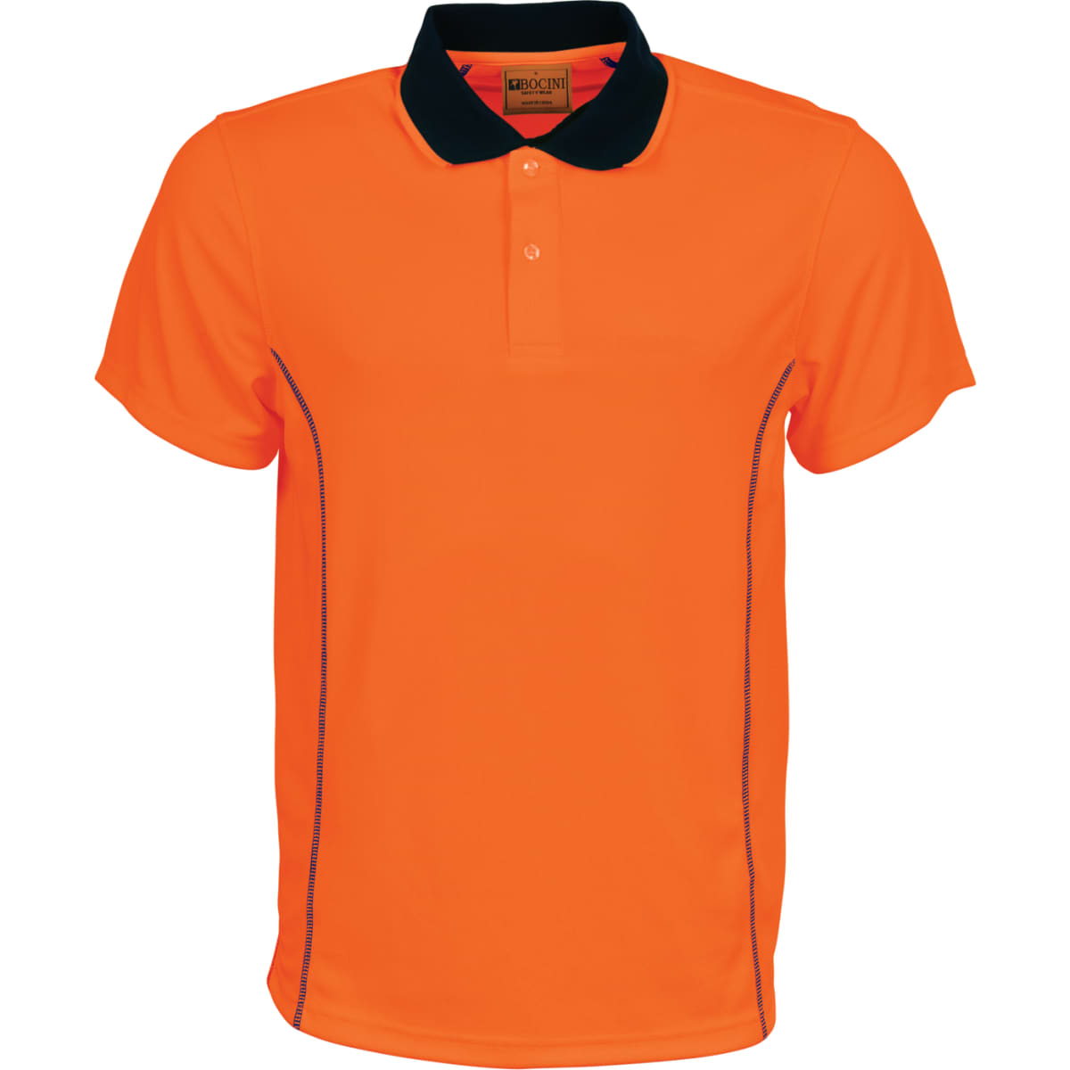 A bright orange polo shirt with a black collar and stitched detailing, featuring a logo on the chest.