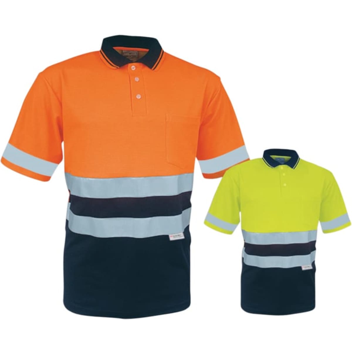 A bright orange and yellow unisex polo shirt featuring reflective tape and a navy blue bottom section, with a pocket.
