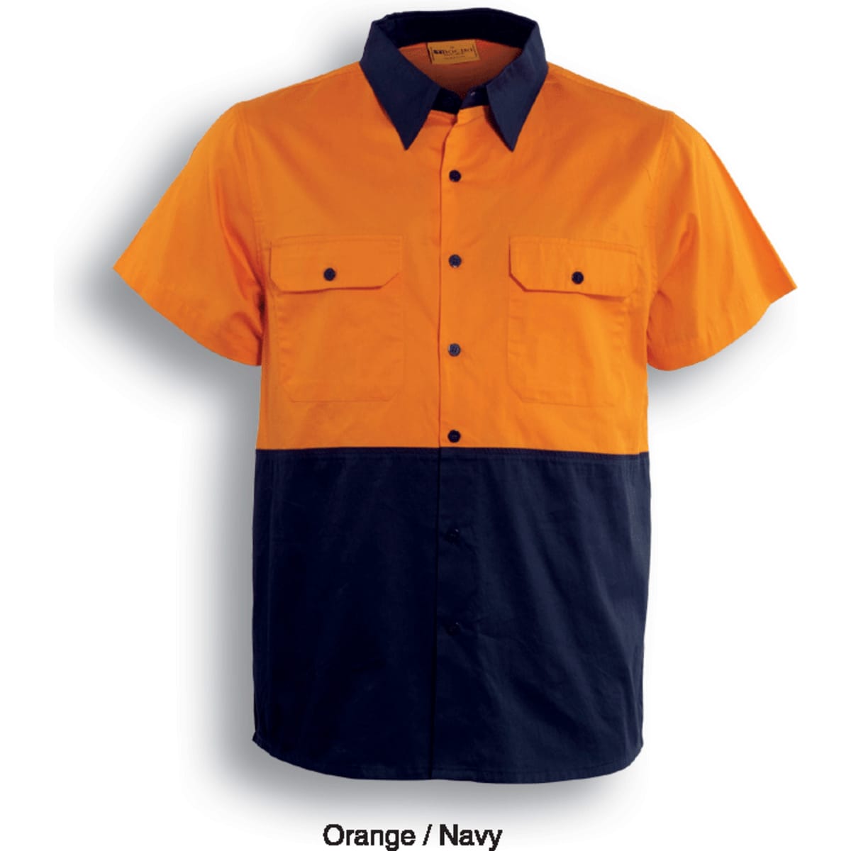 A short-sleeved hi-vis work shirt in orange and navy, featuring two chest pockets and a button-up front.