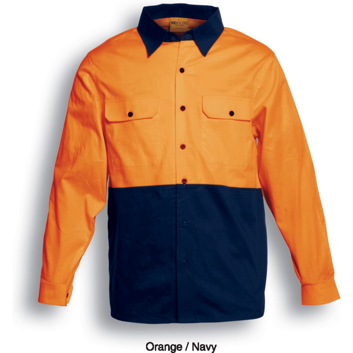 A long-sleeve, unisex hi-vis shirt in orange and navy, featuring two front pockets and a branding logo.