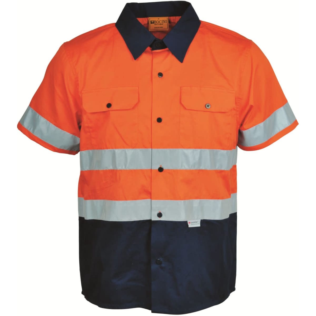 A short-sleeved, unisex hi-vis cotton drill shirt in orange and navy, featuring reflective tape and a logo.