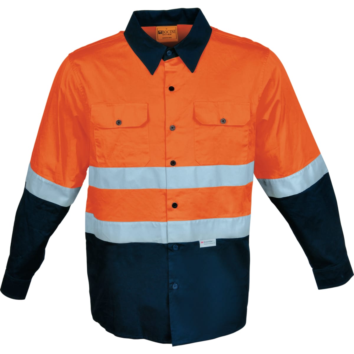 A hi-vis long-sleeve cotton drill shirt in orange and navy, featuring reflective tape and a logo.