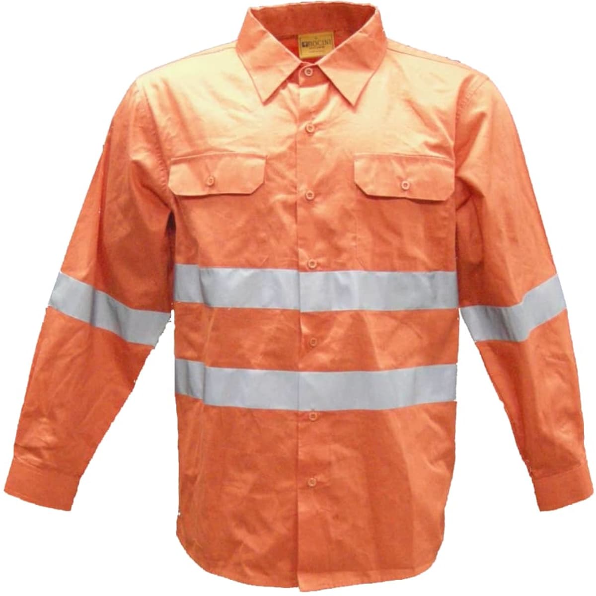 An orange long-sleeve cotton drill shirt with reflective tape, featuring a collar and buttons, and has branding.