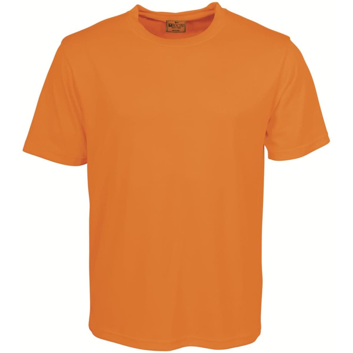 An orange unisex round neck t-shirt with short sleeves, featuring a logo on the label.