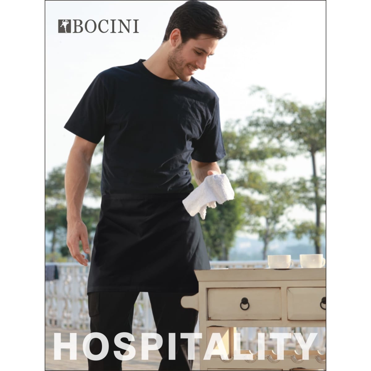 A black polyester drill quarter apron with a model holding a cloth, set outdoors. Features a logo.