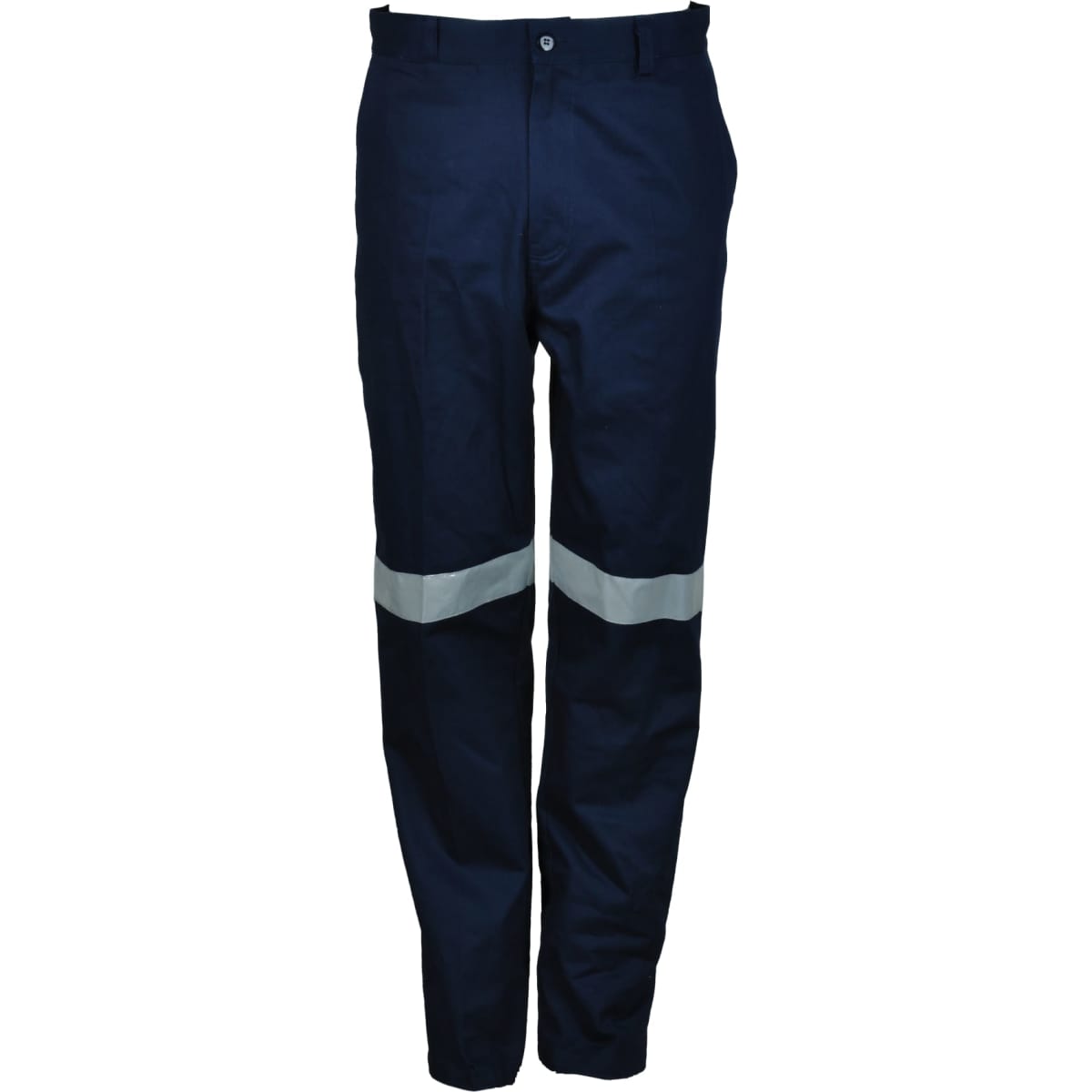 Unisex adult cotton drill work pants in navy blue with reflective tape accents. Features a logo on the waistband.