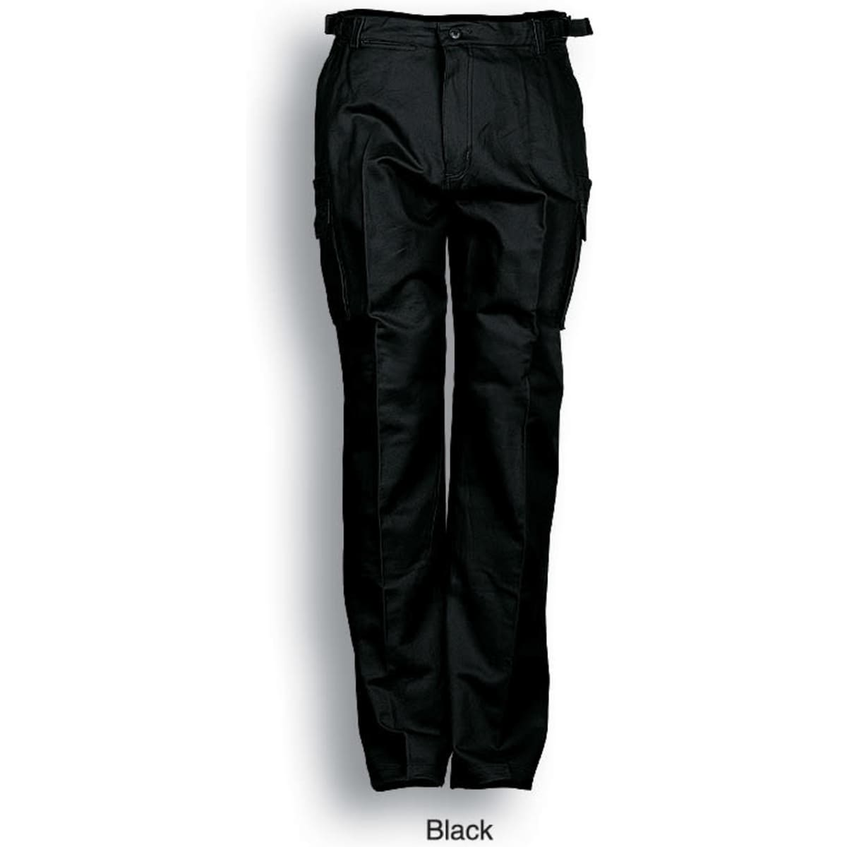 Black cotton drill cargo work pants featuring multiple pockets and a waistband adjuster. Includes a logo on the garment.