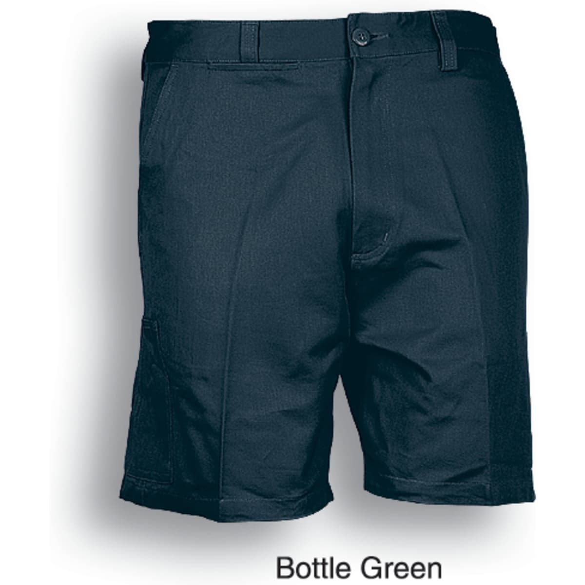 Bottle green unisex cotton drill work shorts with a front button and pockets, featuring a logo.
