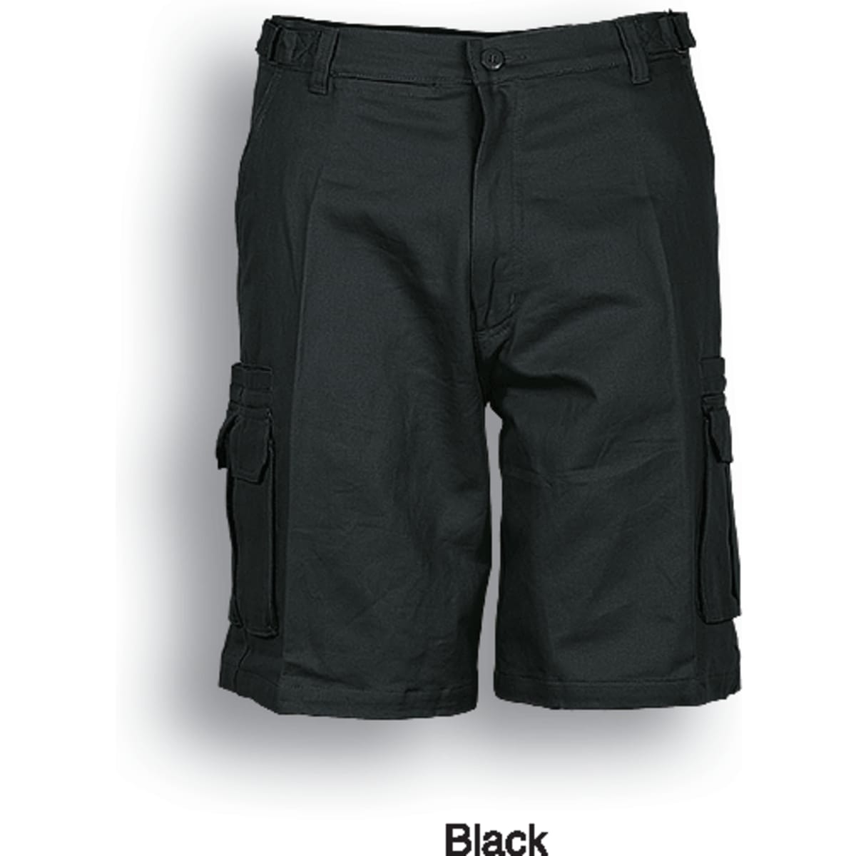 Black unisex adults' cotton drill cargo shorts featuring multiple pockets and a belt loop, with a logo present.