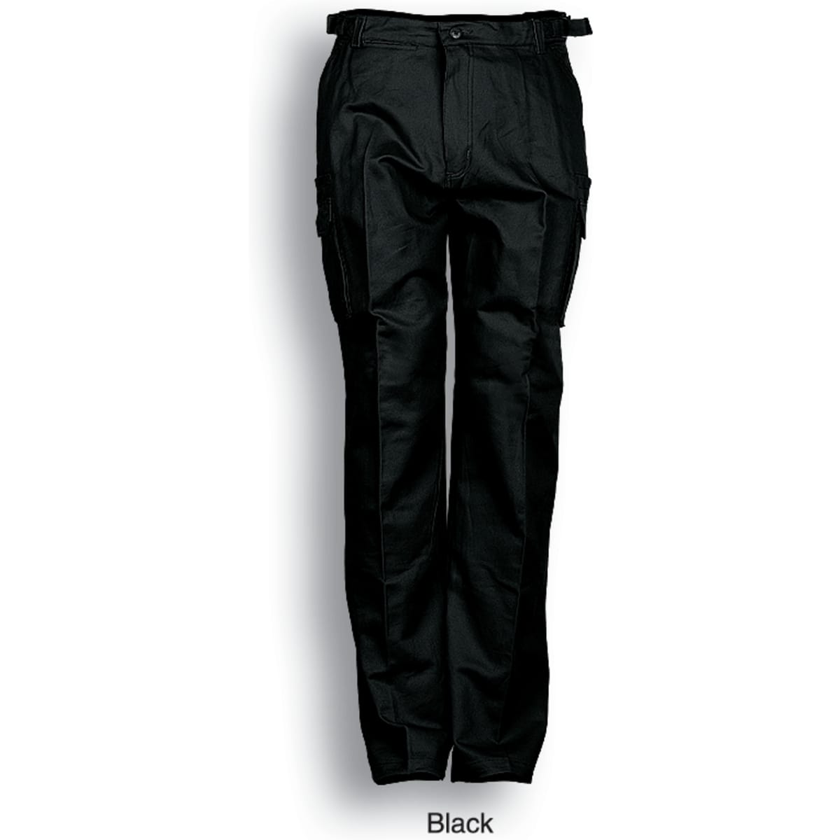 Unisex adults cotton drill cargo pants in black, featuring multiple pockets and a logo. Ideal for workwear.