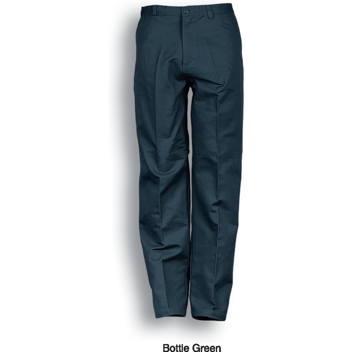 Bottle green unisex cotton drill work pants displayed with a logo. Feature a classic fit for workwear.