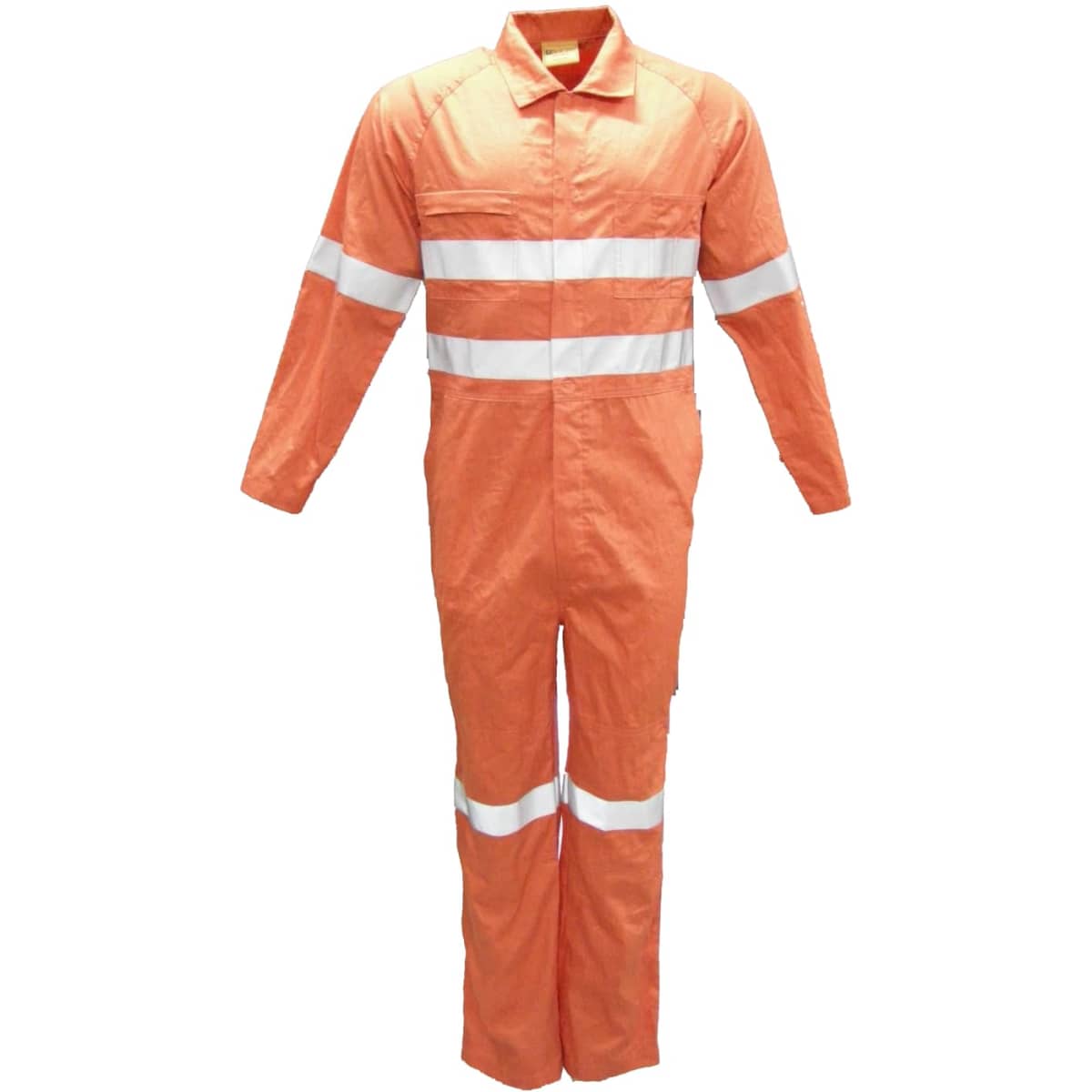 An orange hi-vis cotton drill overall featuring reflective tape in an X pattern, with multiple logos present.