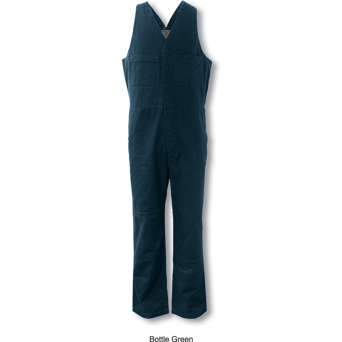 A bottle green unisex cotton drill overall with an action back design and pockets, featuring a logo.