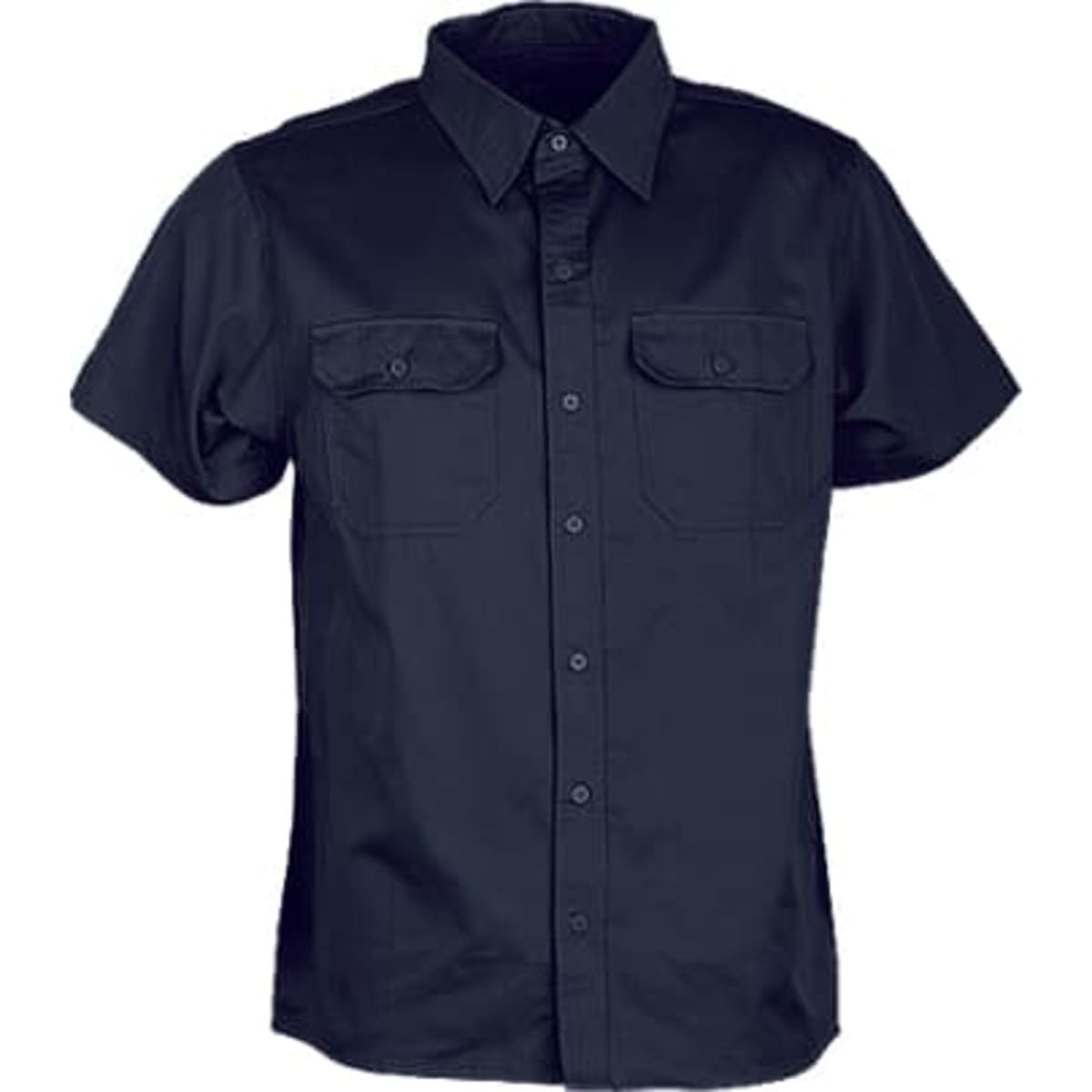 A navy cotton drill short-sleeve work shirt with two front pockets and a logo. Suitable for unisex adults.