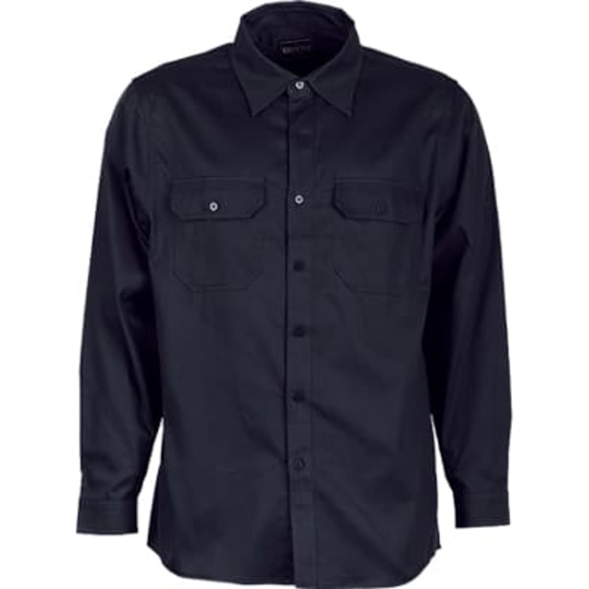 A black unisex long-sleeve cotton drill work shirt featuring a button-up front and chest pockets.