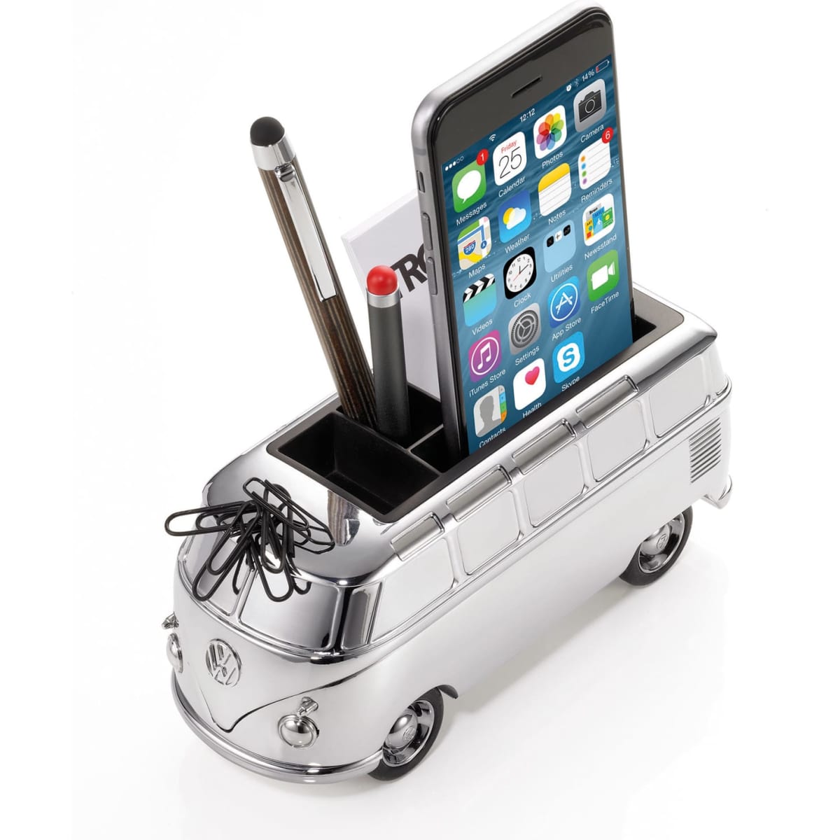 A silver Volkswagen bus-shaped desk organiser featuring compartments for a phone, pens, and paper.