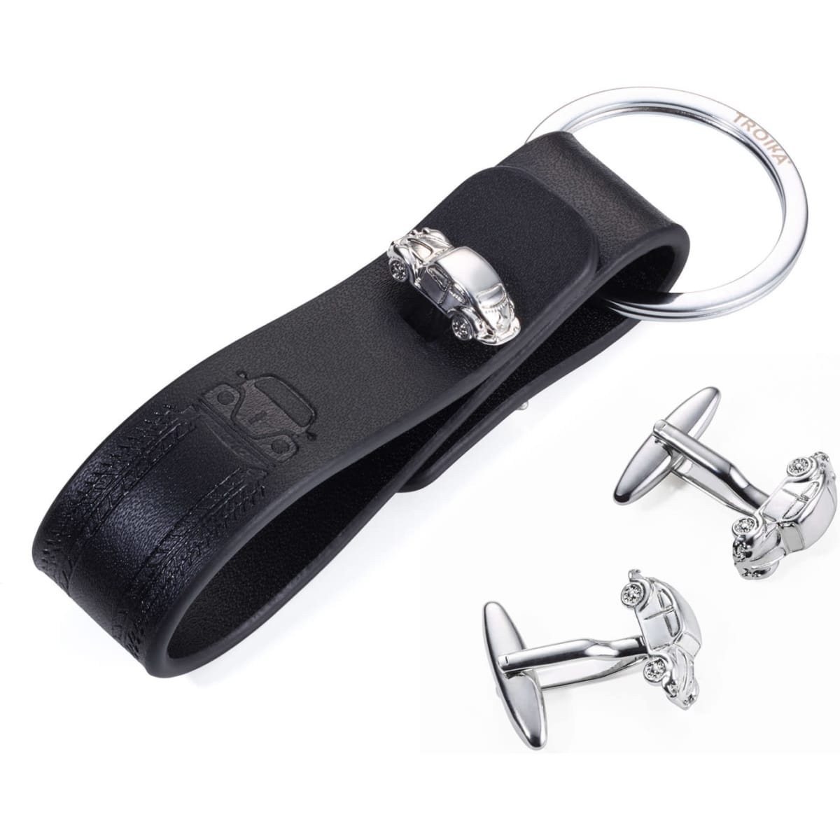 A black leather keyring with a silver beetle design and matching silver cufflinks, featuring a sleek metal finish.